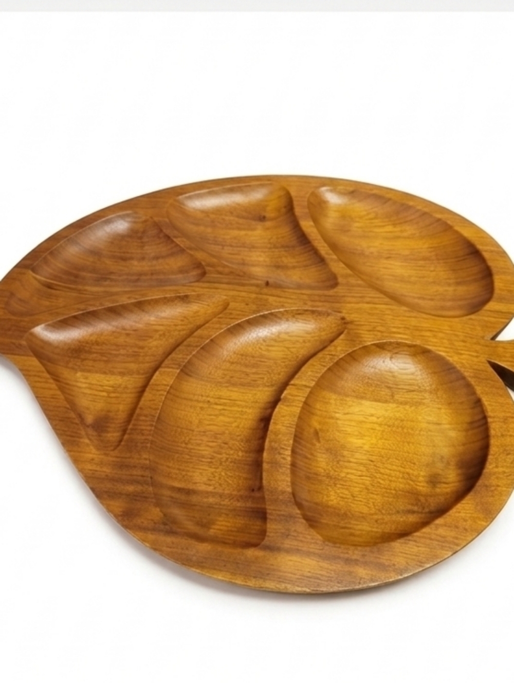 Vintage Solid Walnut Wood Divided Leaf 13.5" X 12" Tray Mid Century Modern MCM